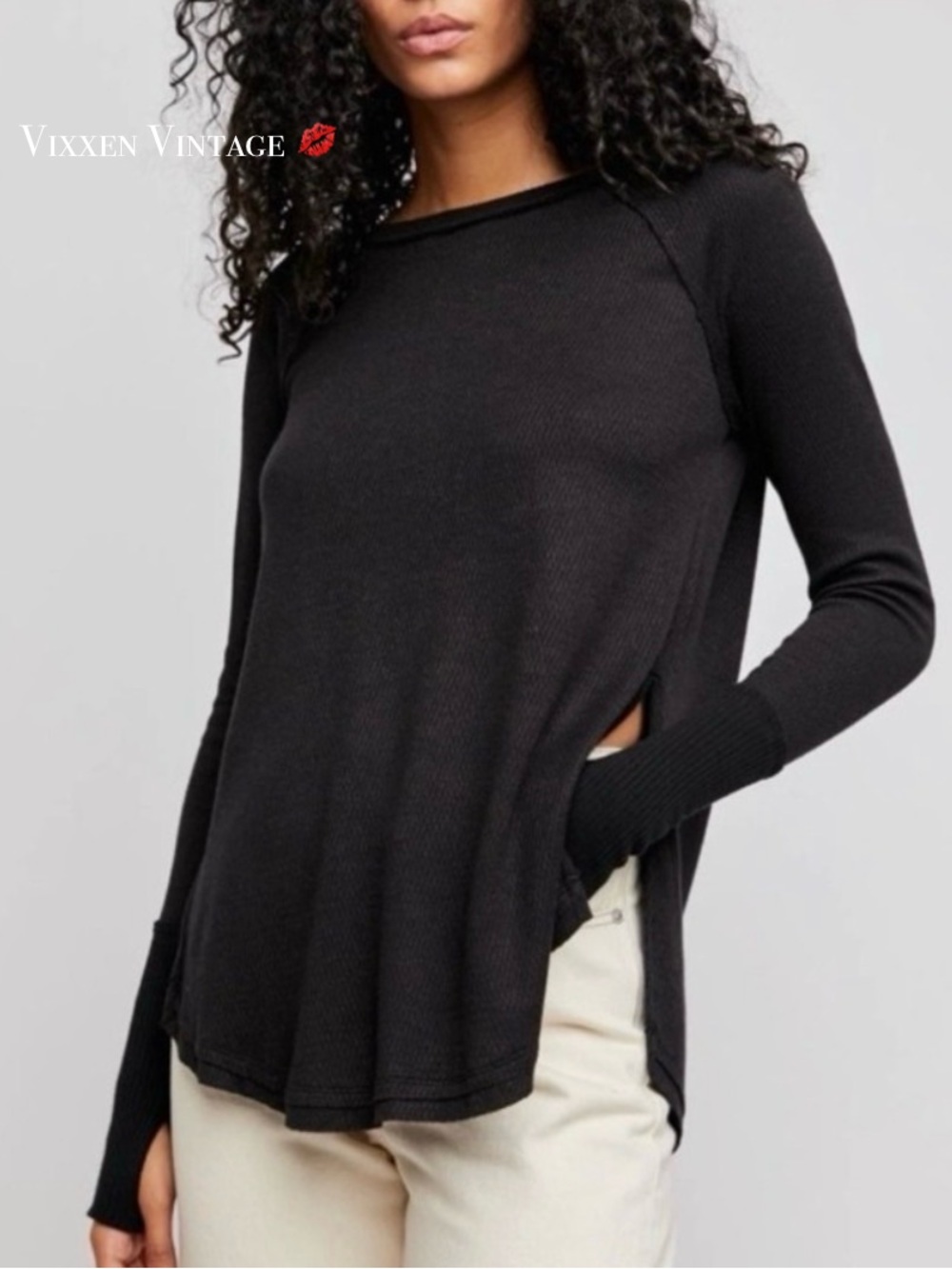WE THE FREE WAFFLE KNIT 'SNOWY THERMAL LONG SLEEVE TOP' IN BLACK